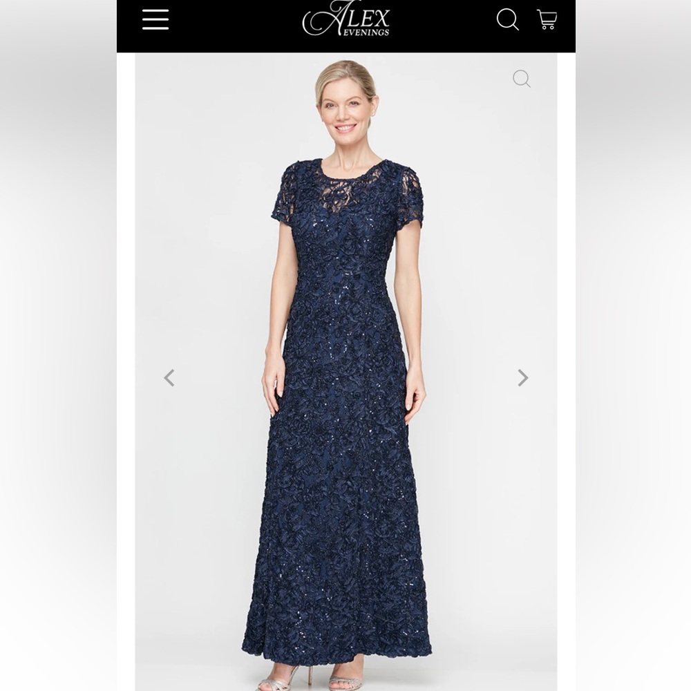 Soutache Sequin Lace A-Line Dress with Short Sleeves and Illusion Neckline Navy